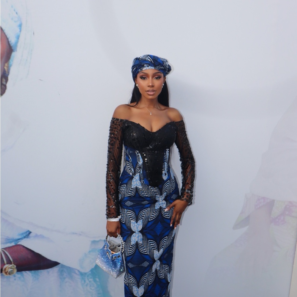 Elegant Black and Blue Off-Shoulder Dress Ankara Print